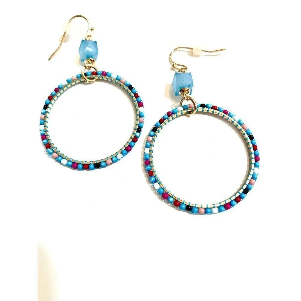 Blue Multi Color Dangle Hoop Earrings